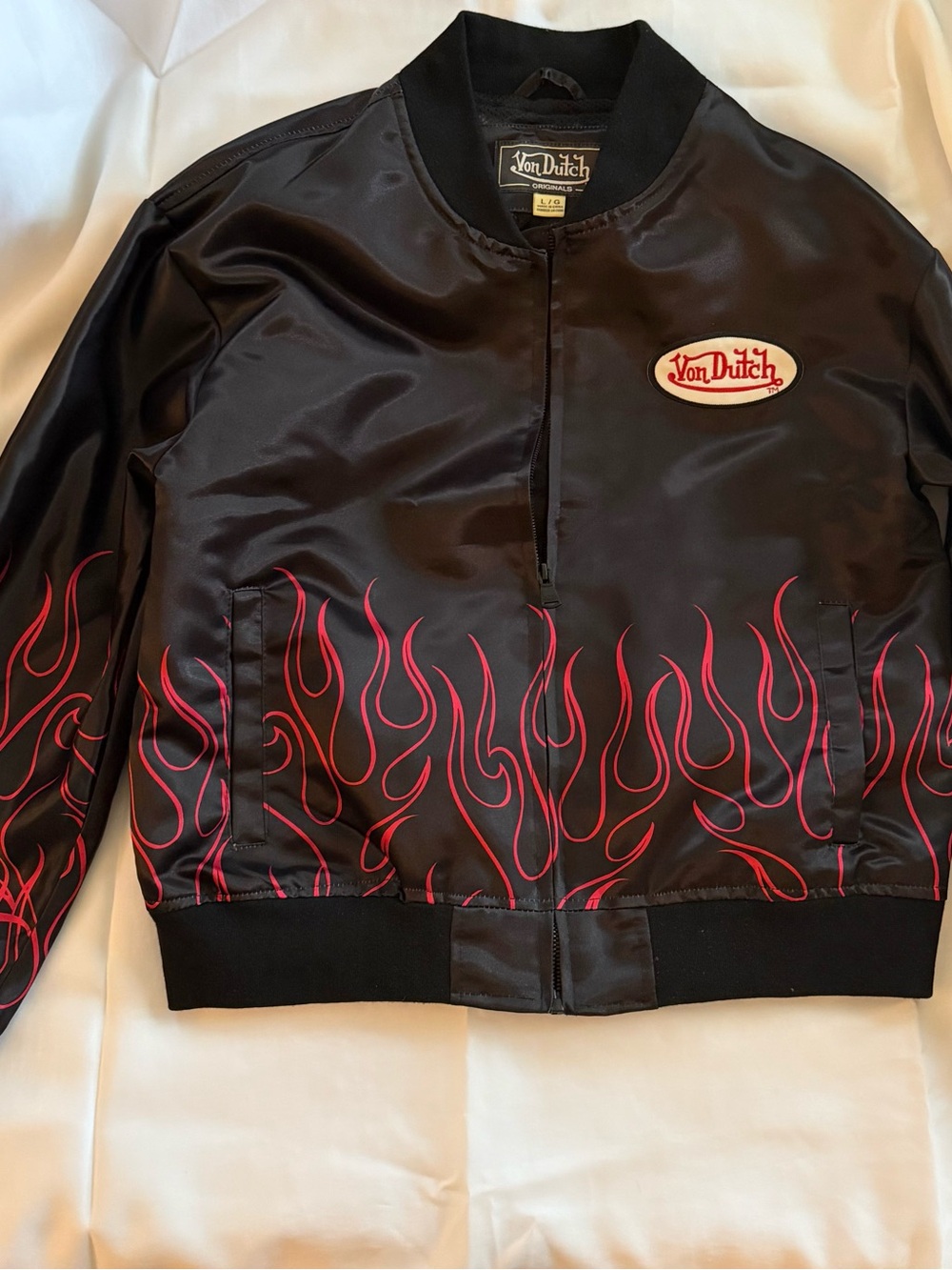 Von Dutch Black Satin Bomber Jacket with Red Flame Trim